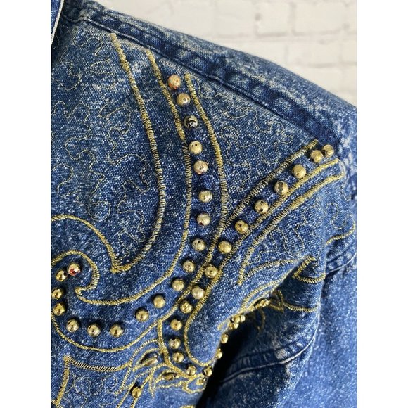 VTG Club Z Denim Long Sleeve Button Down Embroidered Beaded Denim Blouse Women S - Picture 8 of 14
